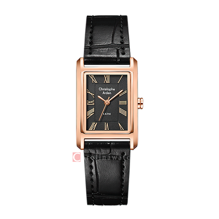 Jam Tangan Christophe Arden CA 1006 LHLRGBA Women Black Dial Black Leather Strap