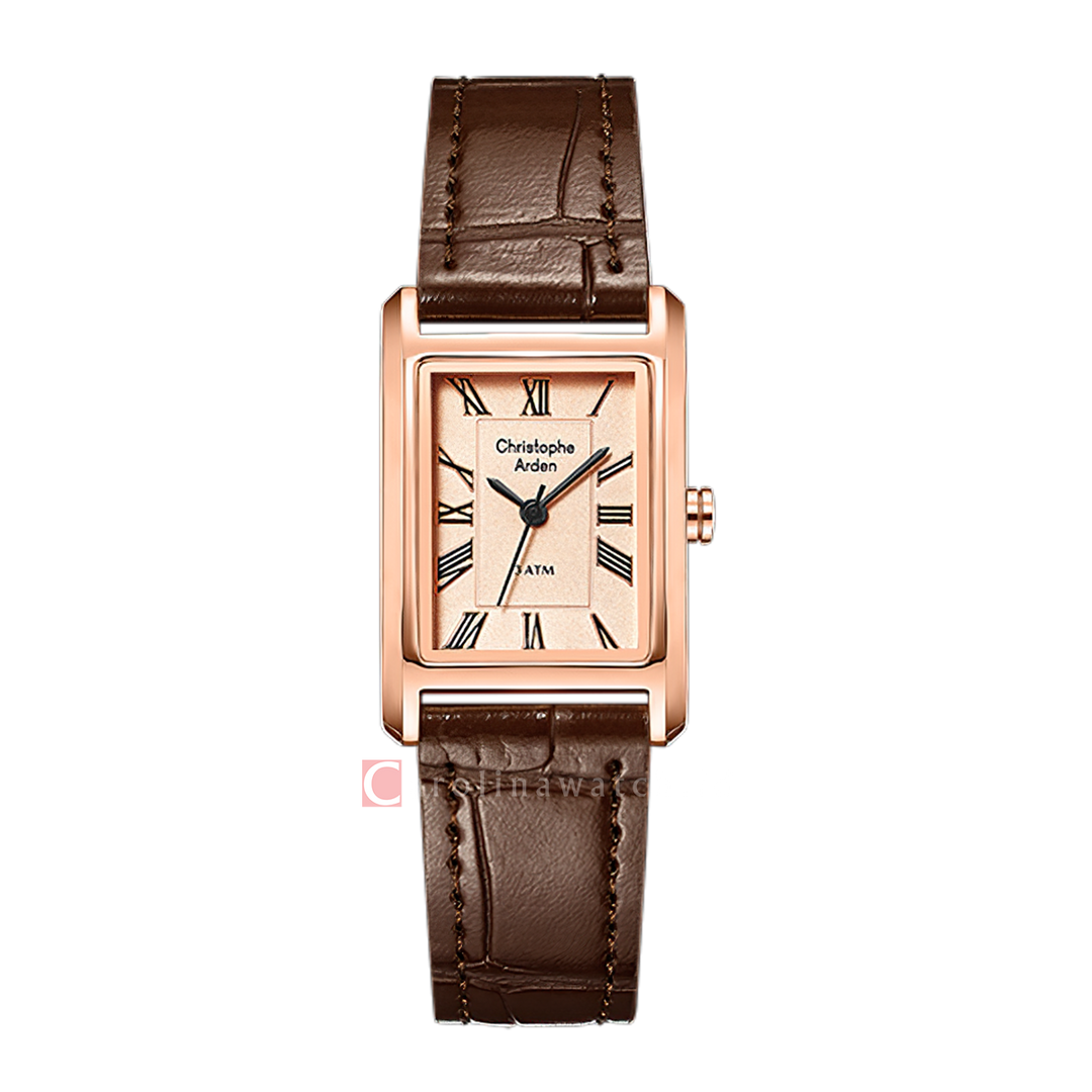 Jam Tangan Christophe Arden CA 1006 LHLRGPN Women Rose Gold Dial Brown Leather Strap