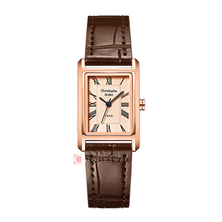 Jam Tangan Christophe Arden CA 1006 LHLRGPN Women Rose Gold Dial Brown Leather Strap