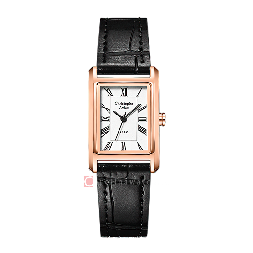 Jam Tangan Christophe Arden CA 1006 LHLRGSL Women Silver White Dial Black Leather Strap