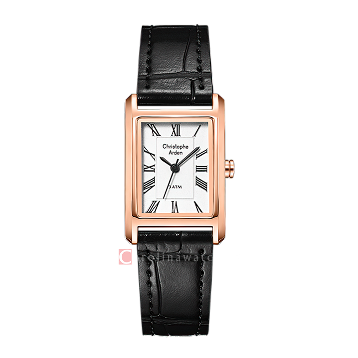 Jam Tangan Christophe Arden CA 1006 LHLRGSL Women Silver White Dial Black Leather Strap
