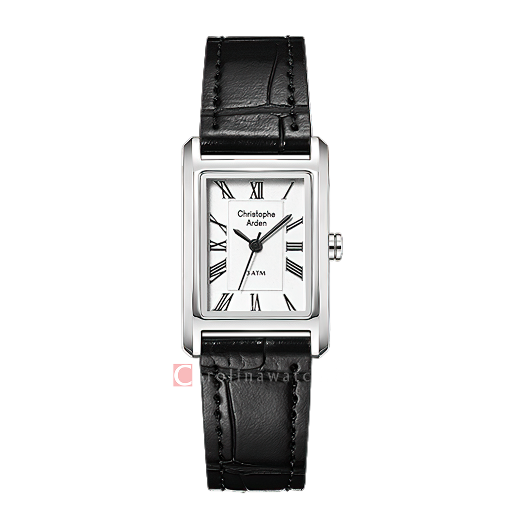 Jam Tangan Christophe Arden CA 1006 LHLSSSL Women Silver White Dial Black Leather Strap