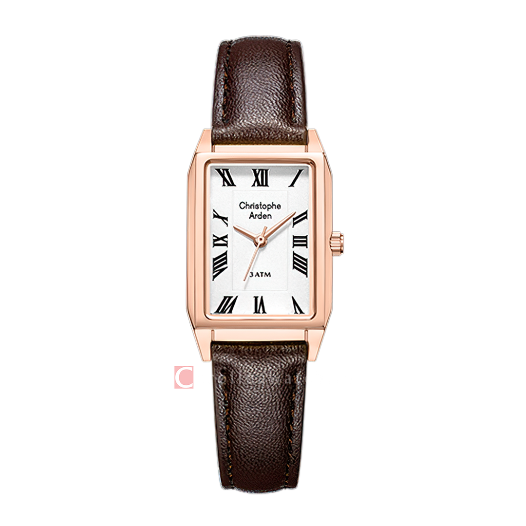 Jam Tangan Christophe Arden CA 1007 LHLRGSL Women Silver White Dial Brown Leather Strap