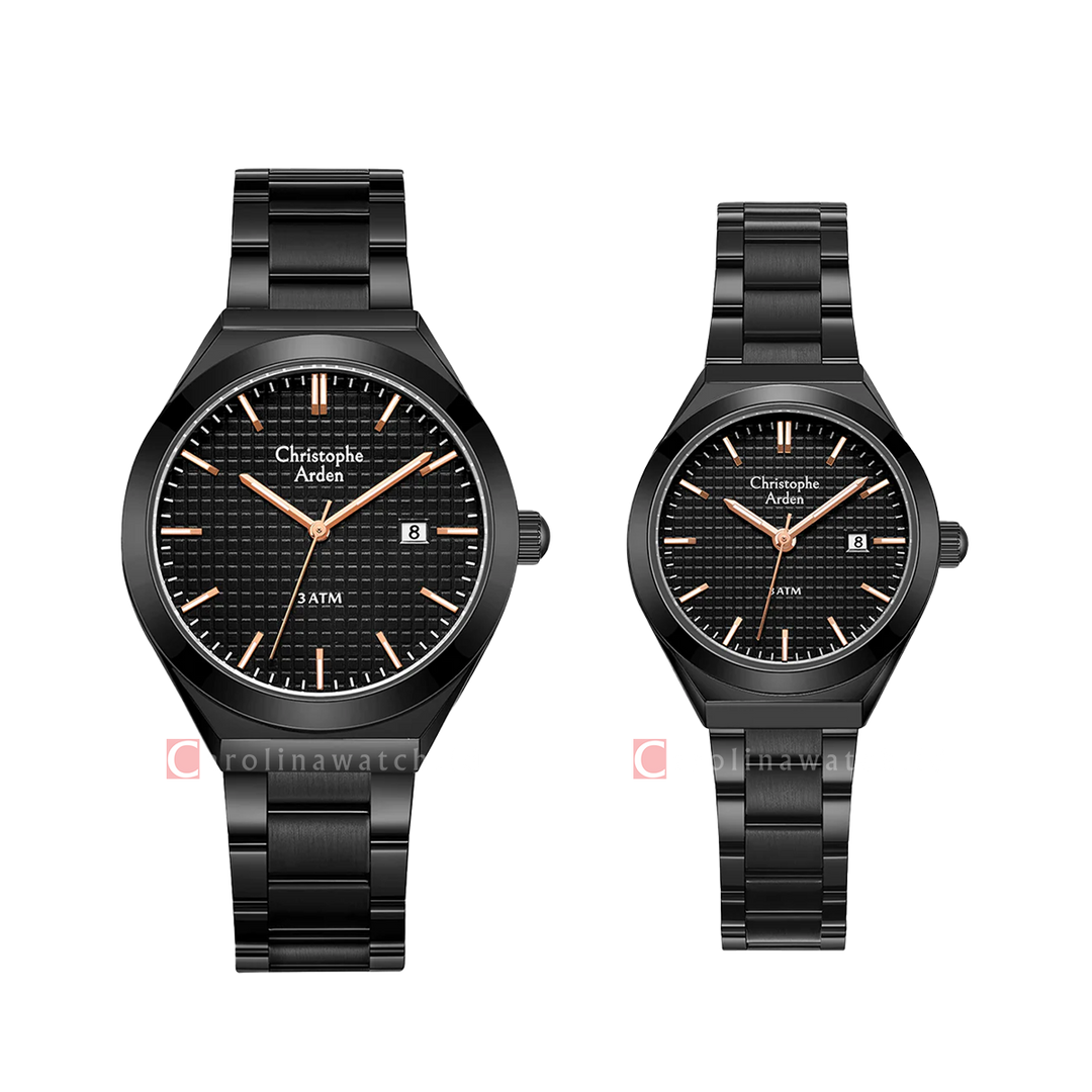 Jam Tangan Couple Christophe Arden Classic CA 2002 M/LDBIPBARG Black Dial Black Stainless Steel Strap