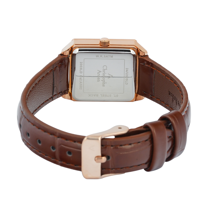 Jam Tangan Christophe Arden CA 2003 LDLRGLNBO Tank Women Rose Gold Dial Brown Leather Strap