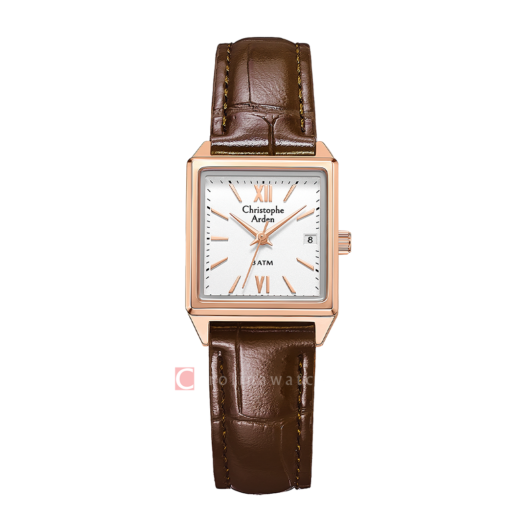 Jam Tangan Christophe Arden CA 2003 LDLRGSLBO Tank Women Silver White Dial Brown Leather Strap