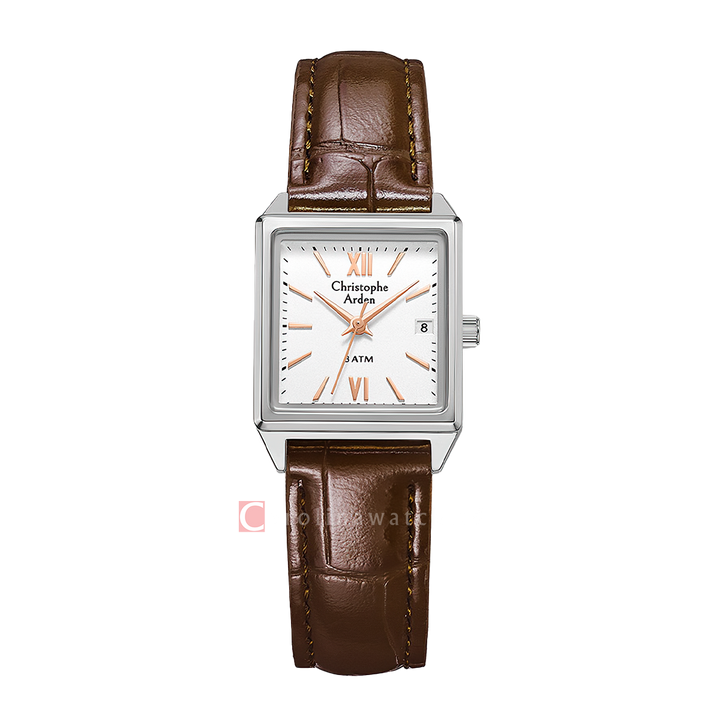 Jam Tangan Christophe Arden CA 2003 LDLSSSLBO Tank Women White Dial Brown Leather Strap