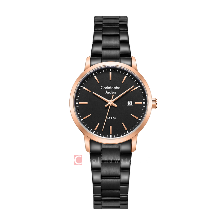 Jam Tangan Christophe Arden CA 2004 LDBBRBA Women Black Dial Black Stainless Steel Strap