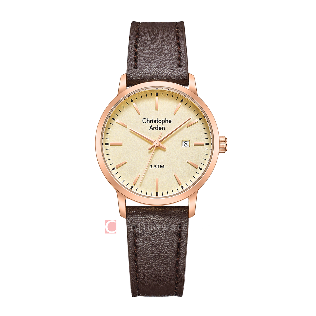 Jam Tangan Christophe Arden CA 2004 LDLRGLN Women Gold Dial Brown Leather Strap