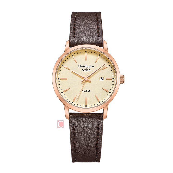 Jam Tangan Christophe Arden CA 2004 LDLRGLN Women Gold Dial Brown Leather Strap