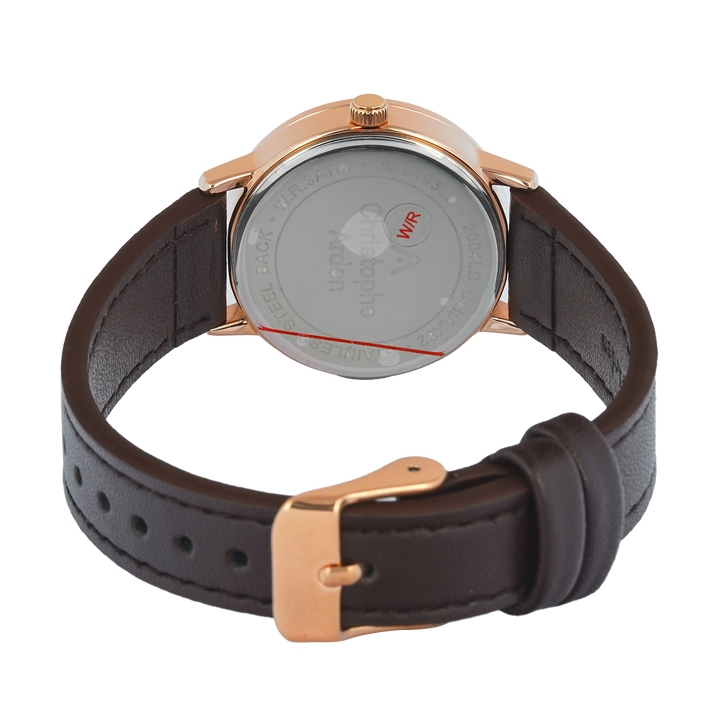 Jam Tangan Christophe Arden CA 2004 LDLRGLN Women Gold Dial Brown Leather Strap