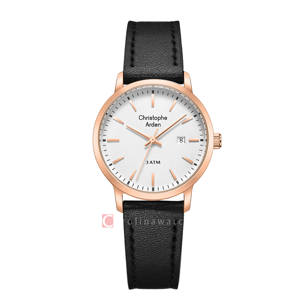 Jam Tangan Christophe Arden CA 2004 LDLRGSL Women Silver White Dial Black Leather Strap