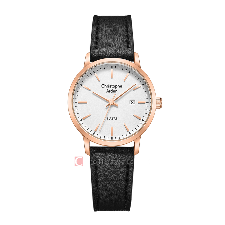 Jam Tangan Christophe Arden CA 2004 LDLRGSL Women Silver White Dial Black Leather Strap
