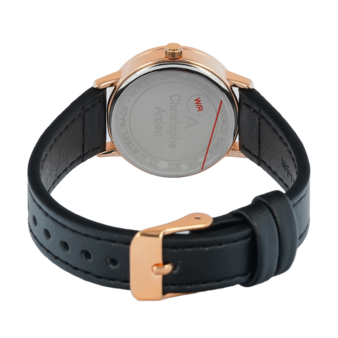 Jam Tangan Christophe Arden CA 2004 LDLRGSL Women Silver White Dial Black Leather Strap