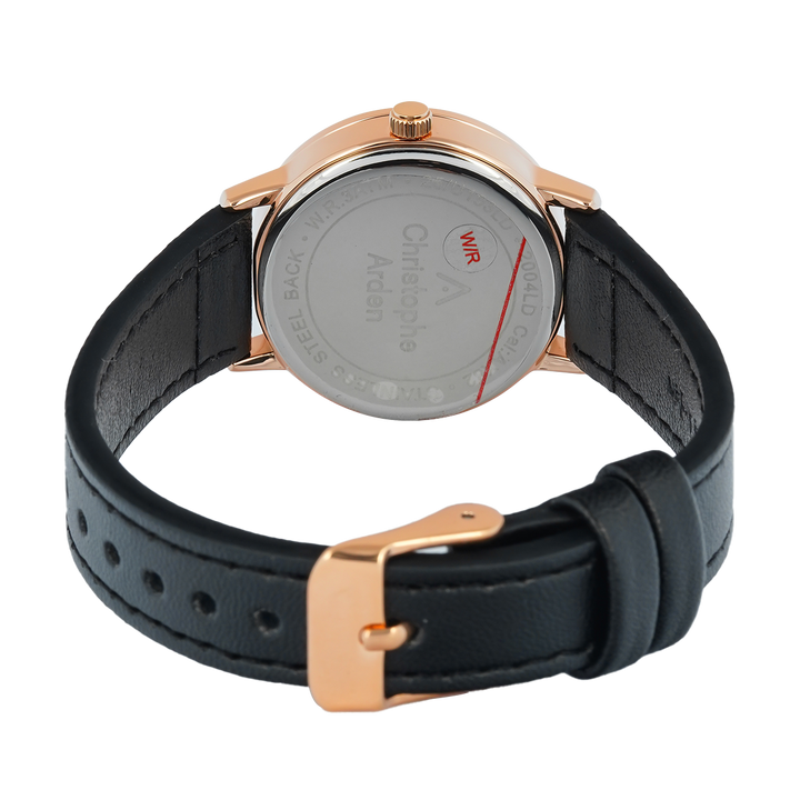 Jam Tangan Christophe Arden CA 2004 LDLRGSL Women Silver White Dial Black Leather Strap