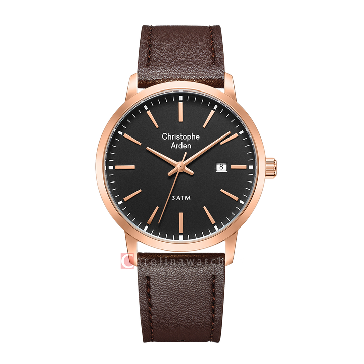 Jam Tangan Christophe Arden CA 2004 MDLRGBA Men Black Dial Brown Leather Strap
