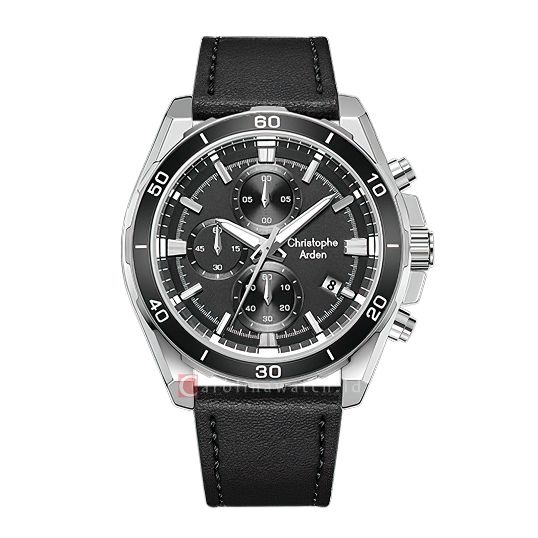 Jam Tangan Christophe Arden CA 3003 MCLSSBA Men Black Dial Black Leather Strap