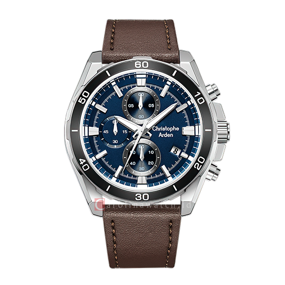 Jam Tangan Christophe Arden CA 3003 MCLSSBU Men Blue Dial Brown Leather Strap