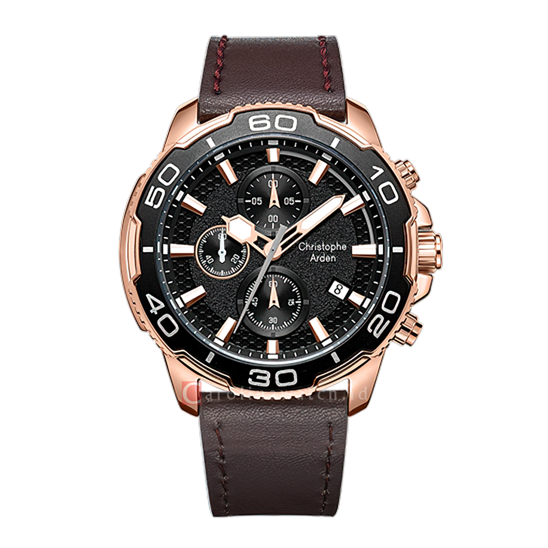 Jam Tangan Christophe Arden CA 3005 MCLBRBA Men Black Dial Brown Leather Strap