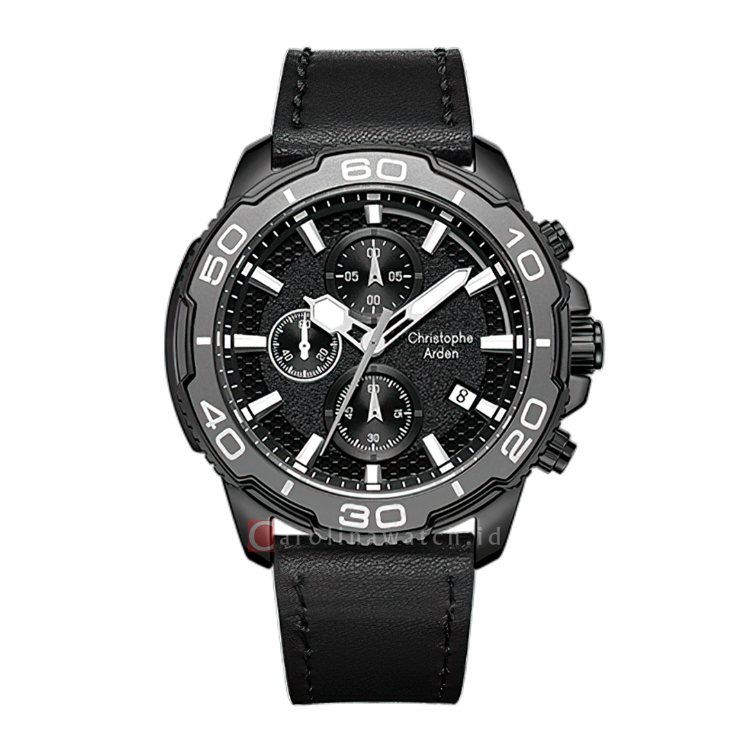 Jam Tangan Christophe Arden CA 3005 MCLIPBAGR Men Black Dial Black Leather Strap