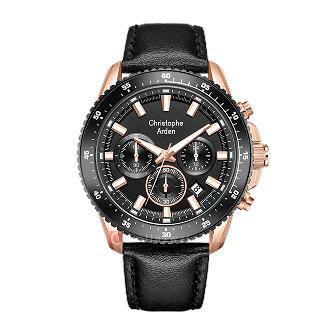 Jam Tangan Christophe Arden CA 3006 MCLBRBA Men Black Dial Black Leather Strap