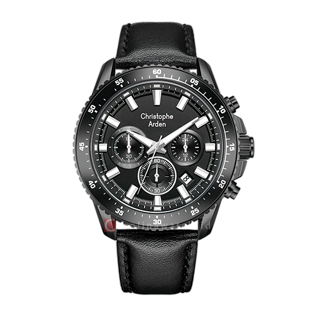 Jam Tangan Christophe Arden CA 3006 MCLIPBA Men Black Dial Black Leather Strap