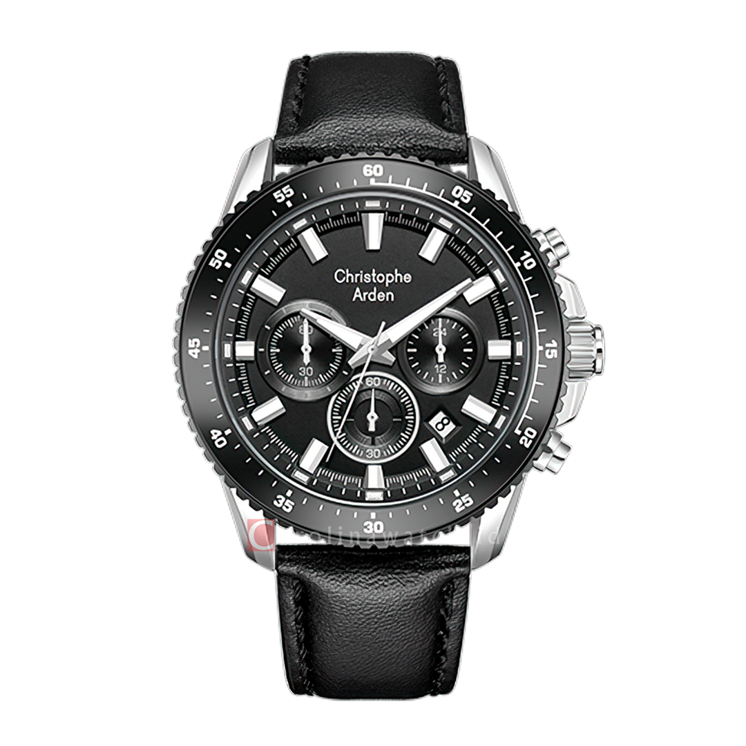 Jam Tangan Christophe Arden CA 3006 MCLTBBA Men Black Dial Black Leather Strap