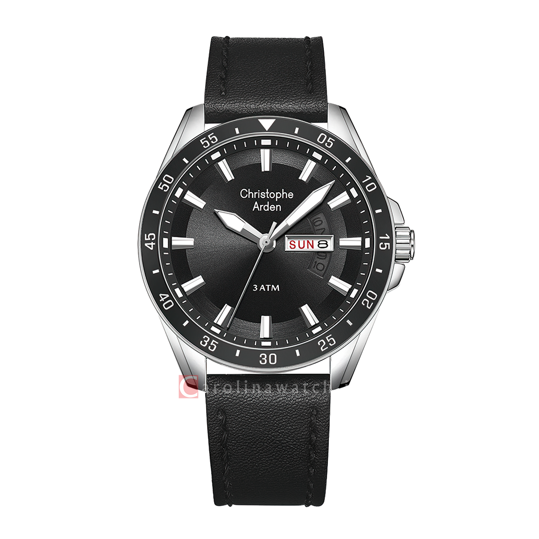 Jam Tangan Christophe Arden CA 3009 MELSSBA Men Black Dial Black Leather Strap