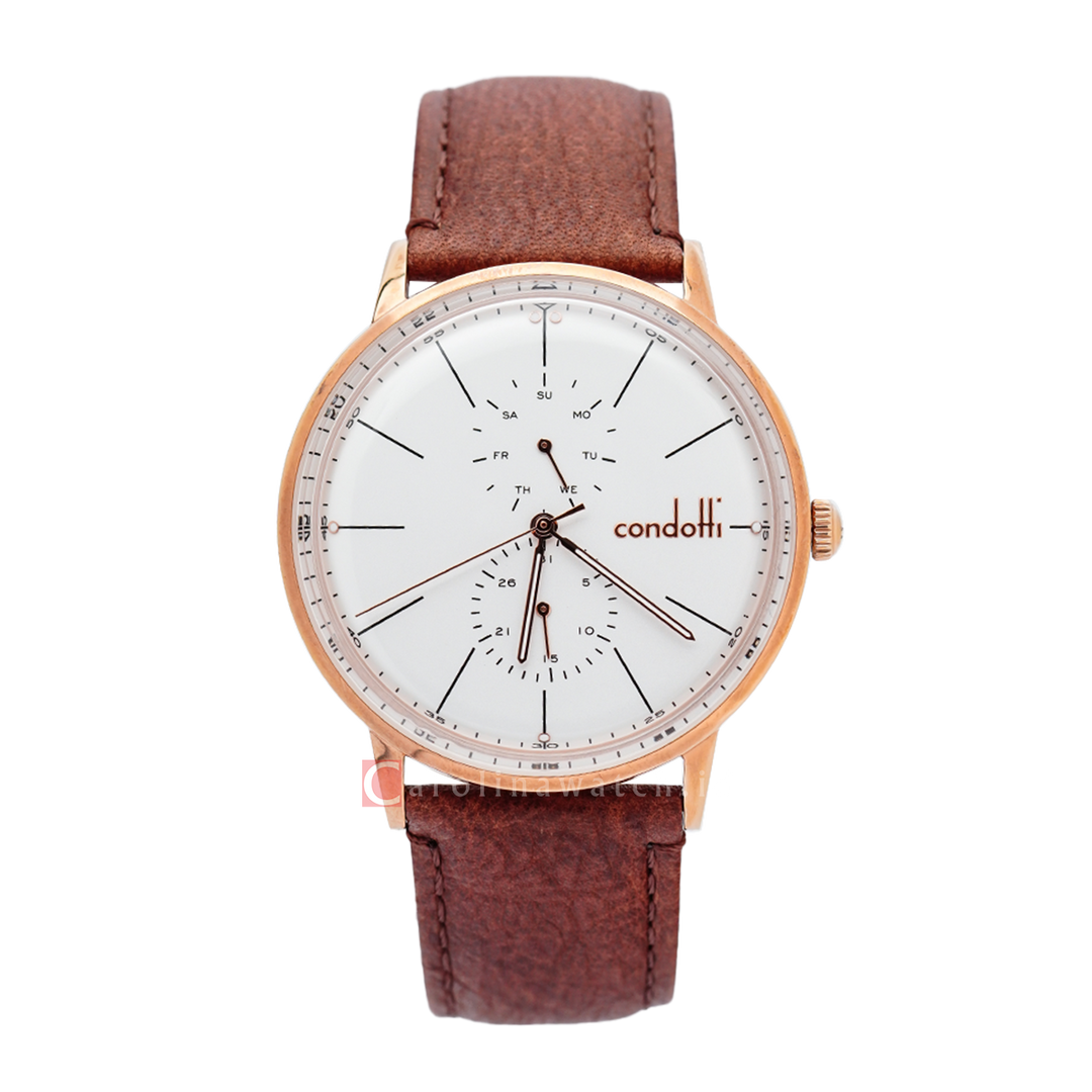 Jam Tangan CONDOTTI OPPORTUNO CN1090-RG01-L05 Men White Dial Brown Leather Strap