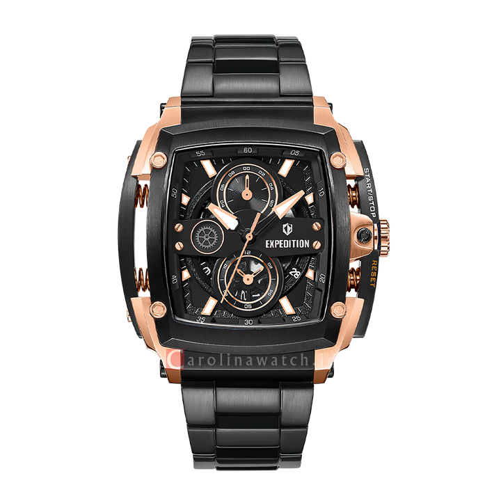 Jam Tangan S Expedition Chronograph E 3008 GCBGRBA Men Black Dial Black Stainless Steel Strap
