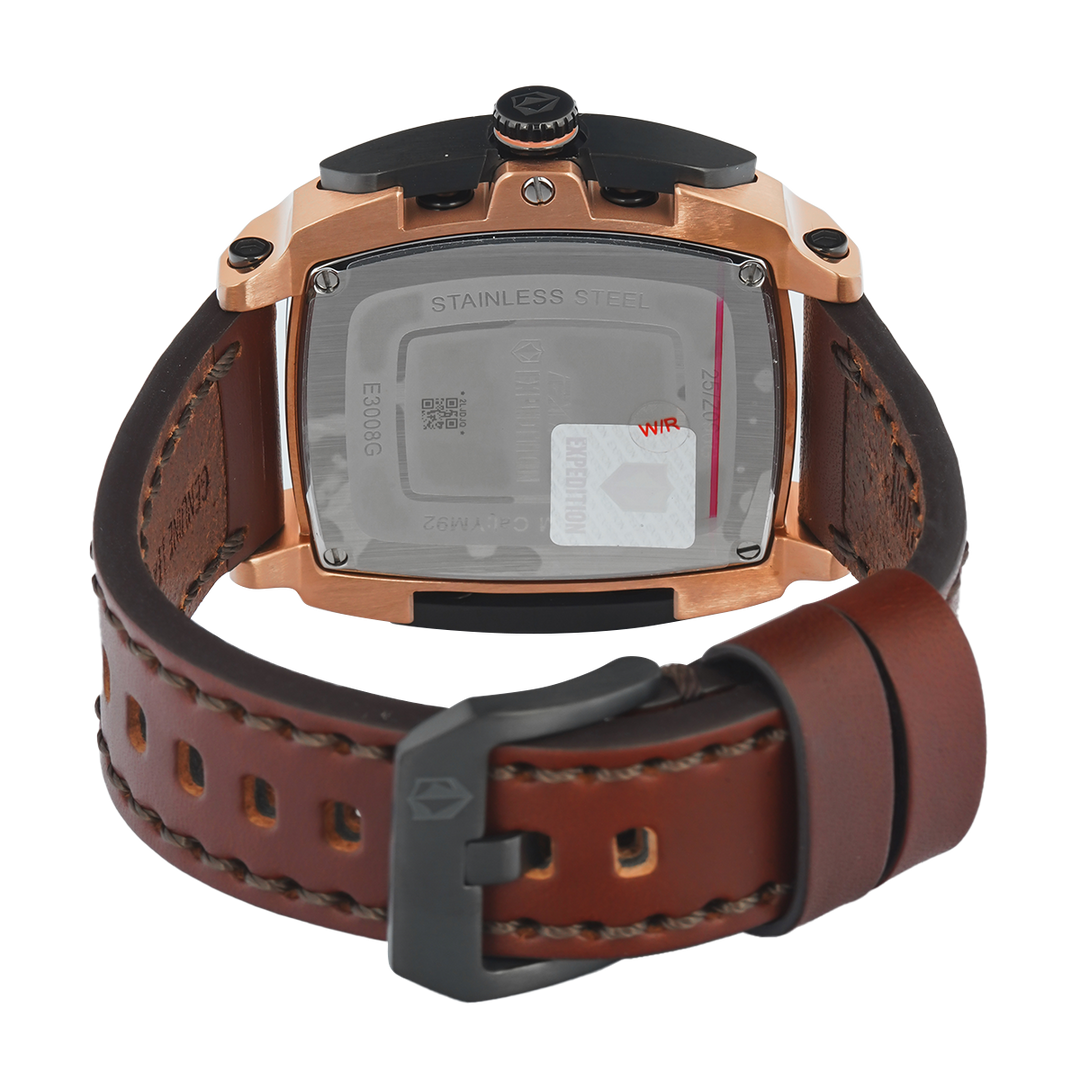 Jam Tangan S Expedition Chronograph E 3008 GCLGRBA Men Black Dial Brown Leather Strap