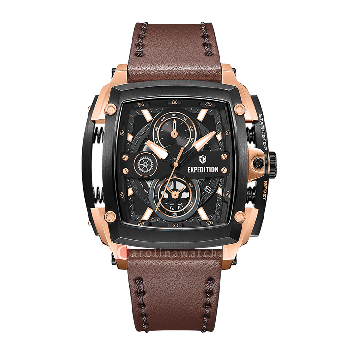 Jam Tangan S Expedition Chronograph E 3008 GCLGRBA Men Black Dial Brown Leather Strap