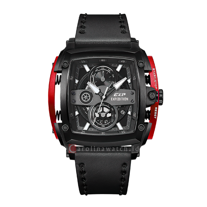 Jam Tangan S Expedition Chronograph E 3008 GCLIGBARE Men Black Dial Black Leather Strap