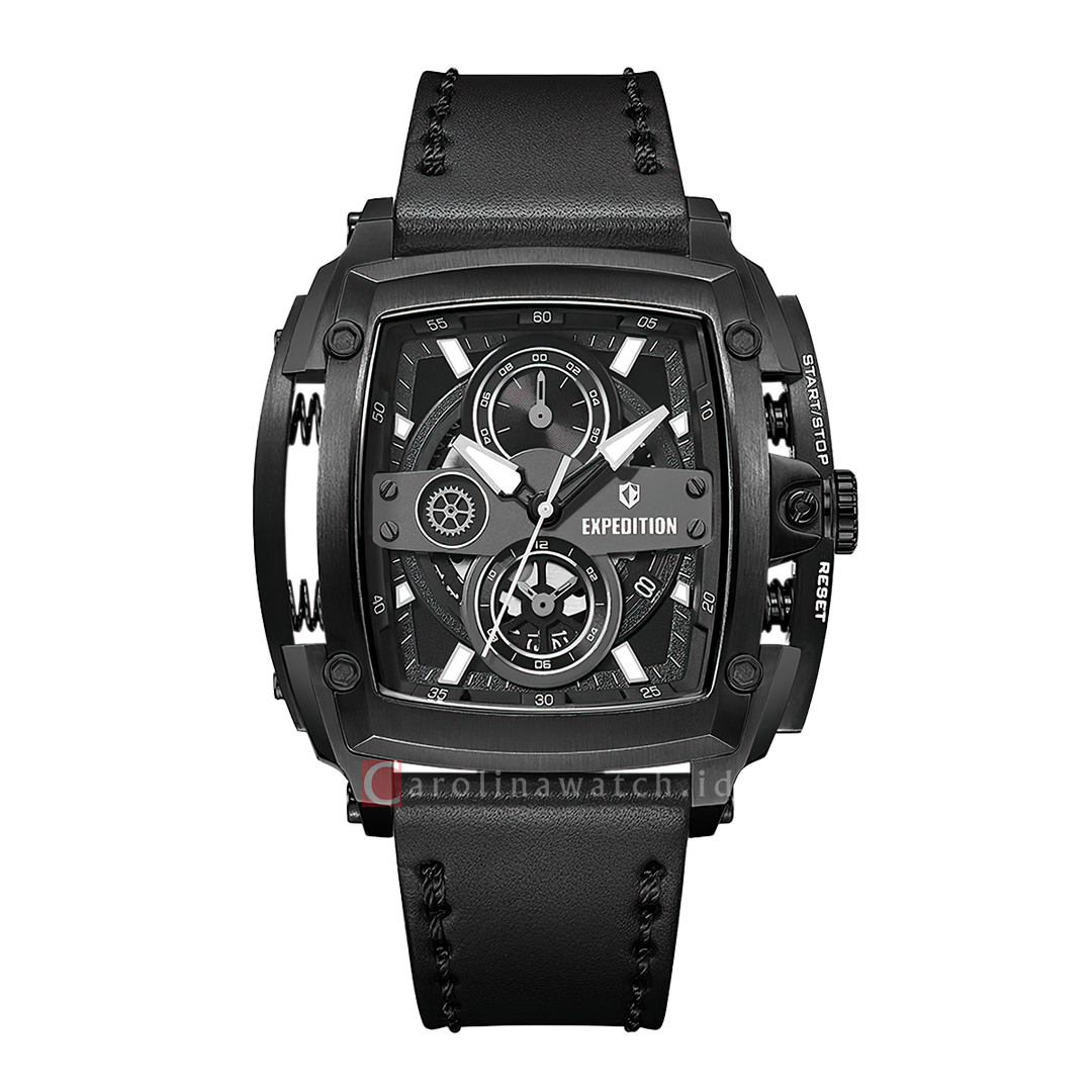 Jam Tangan S Expedition Chronograph E 3008 GCLIGBA Men Black Dial Black Leather Strap