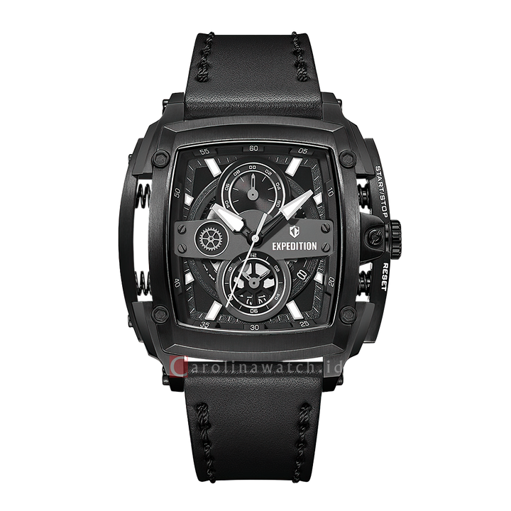 Jam Tangan S Expedition Chronograph E 3008 GCLIGBA Men Black Dial Black Leather Strap