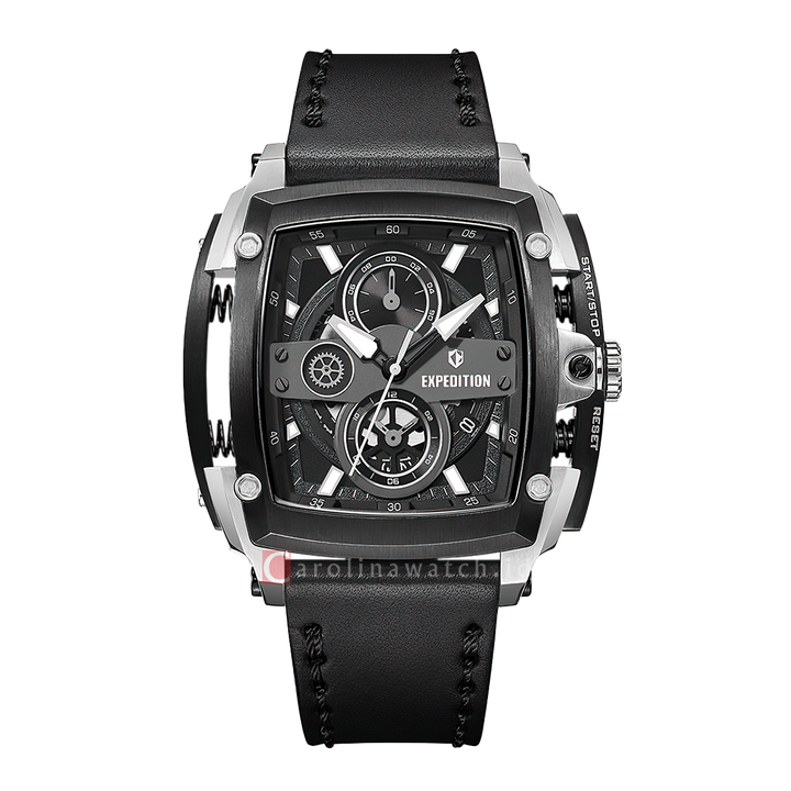 Jam Tangan S Expedition Chronograph E 3008 GCLTEBA Men Black Dial Black Leather Strap