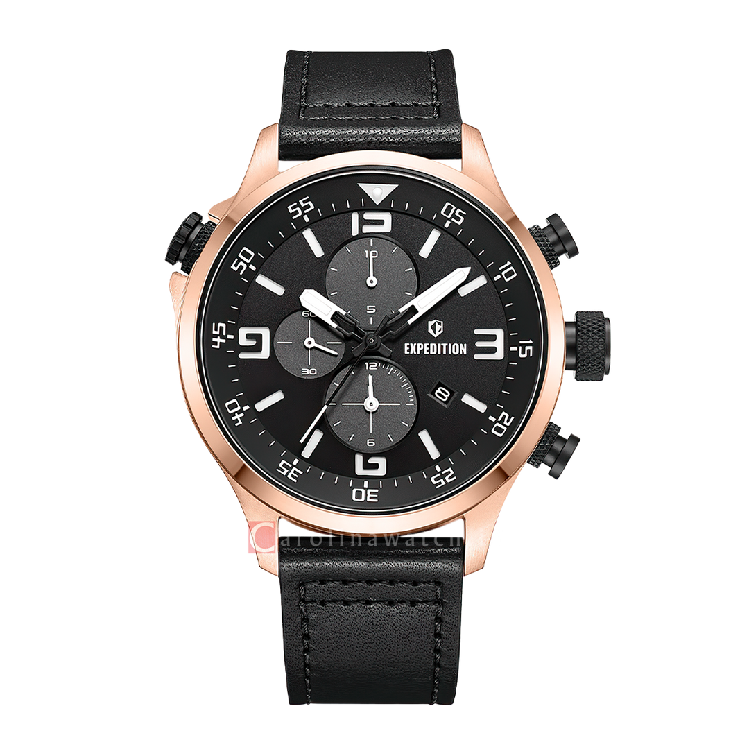 Jam Tangan S Expedition Chronograph E 6318 MCLBRBA1 Men Black Dial Black Leather Strap
