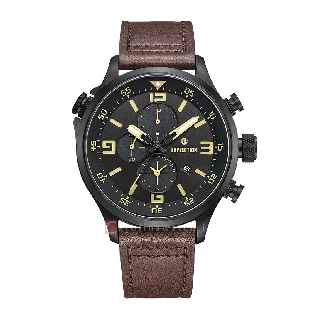 Jam Tangan S Expedition Chronograph E 6318 MCLIPBAIV1 Men Black Dial Brown Leather Strap