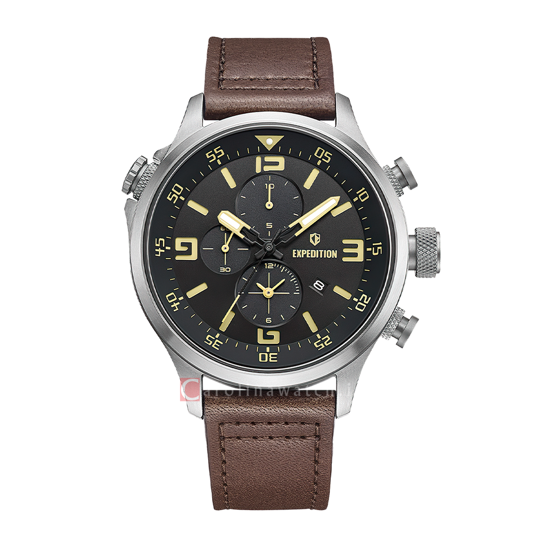 Jam Tangan S Expedition Chronograph E 6318 MCLSSBAIV1 Men Black Dial Brown Leather Strap