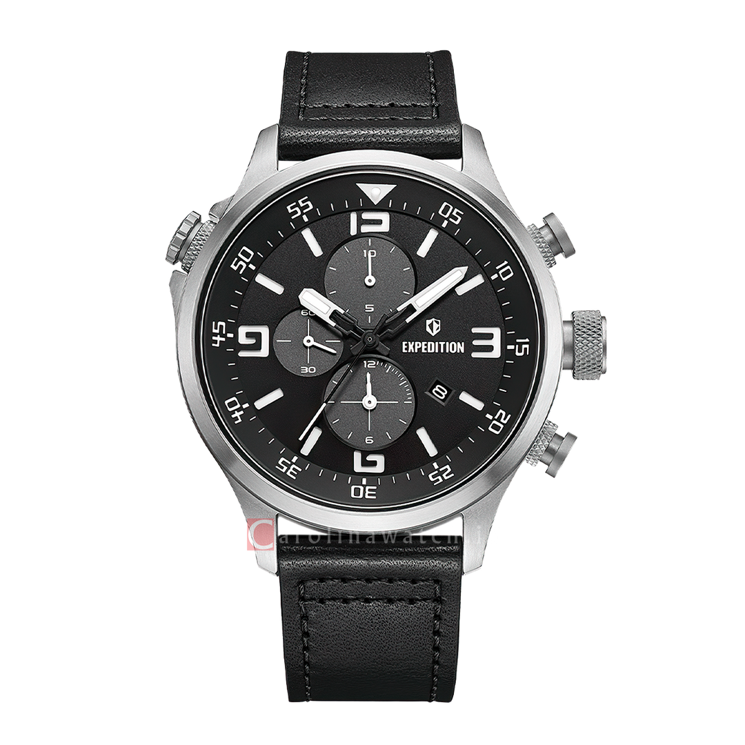Jam Tangan S Expedition Chronograph E 6318 MCLSSBASL1 Men Black Dial Black Leather Strap