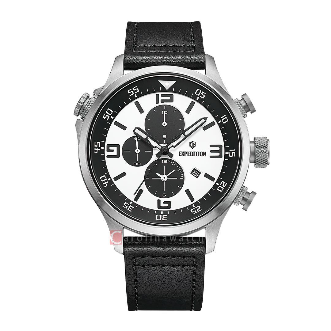 Jam Tangan S Expedition Chronograph E 6318 MCLSSSLBA1 Men White Dial Black Leather Strap