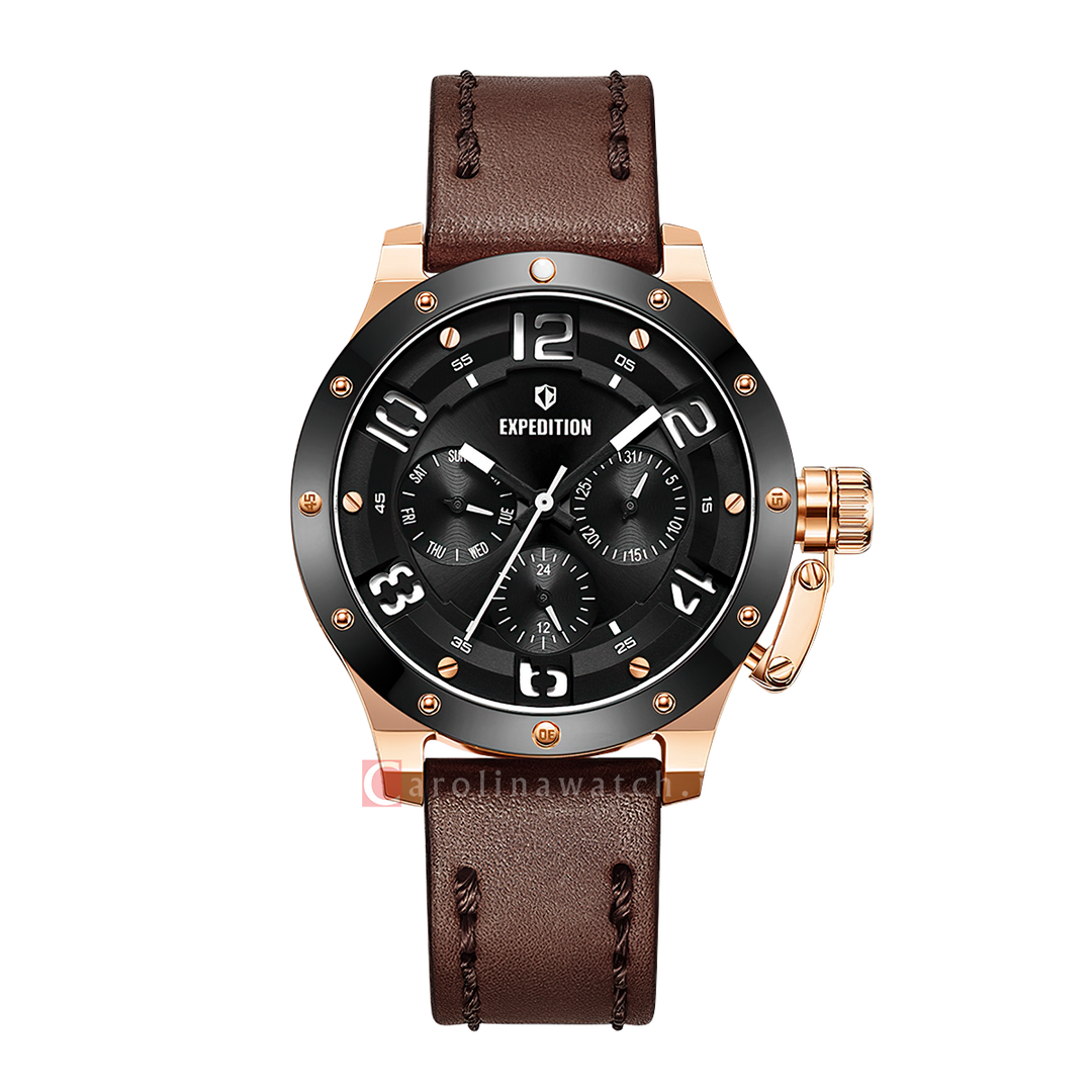 Jam Tangan S Expedition Chronograph E 6381 BFLBRBA1 Women Black Dial Brown Leather Strap