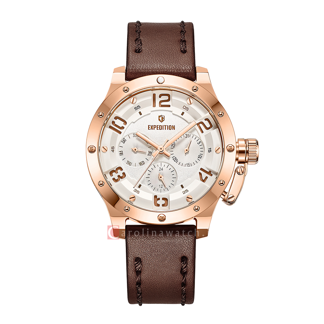 Jam Tangan S Expedition Chronograph E 6381 BFLRGSL1 Women Silver White Dial Brown Leather Strap