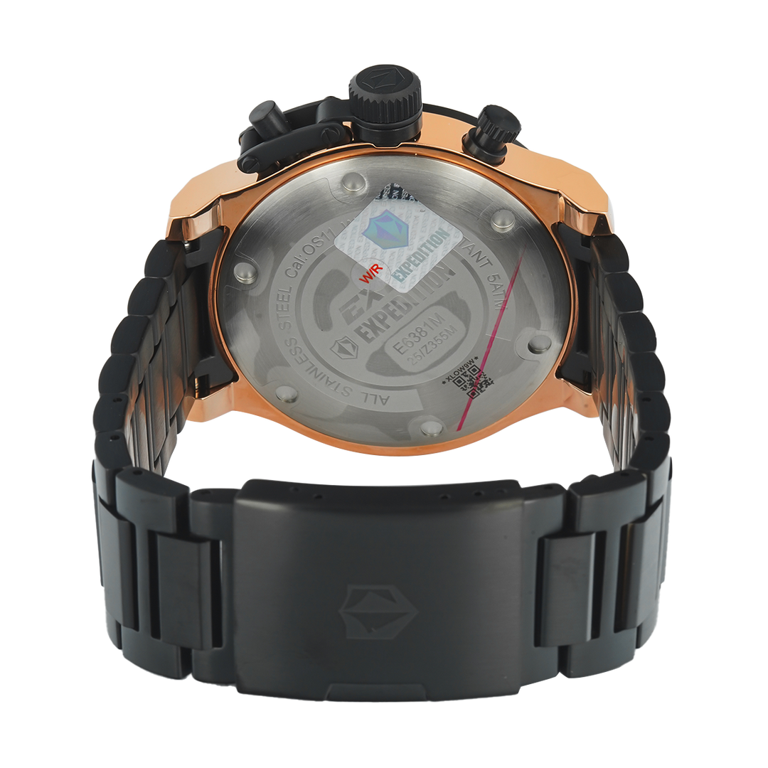 Jam Tangan  Expedition Exp Chronograph E 6381 MCBBRBA1 Men Black Dial Black Stainless Steel Strap