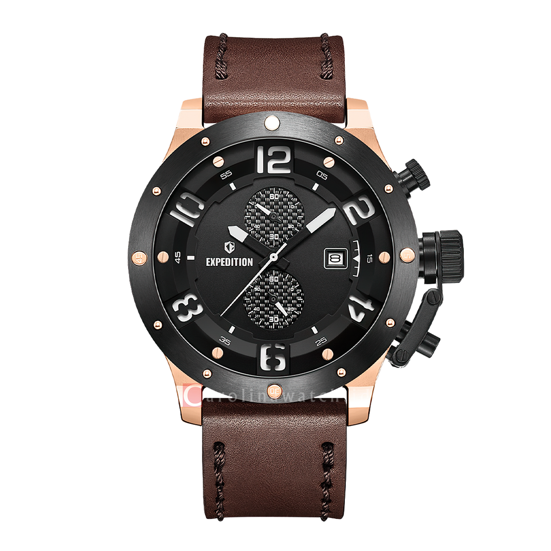 Jam Tangan S Expedition Chronograph E 6381 MCLBRBA1 Men Black Dial Brown Leather Strap