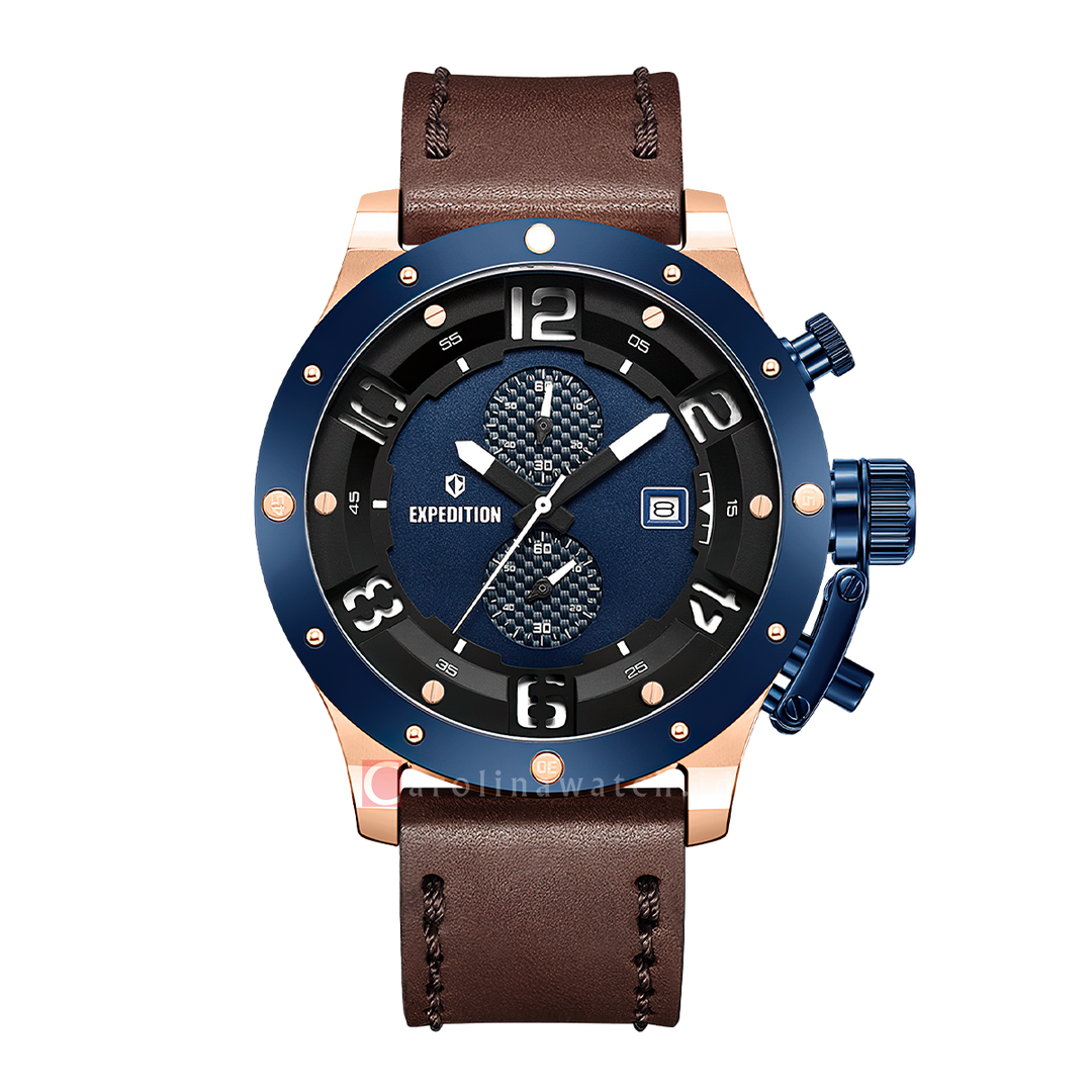 Jam Tangan S Expedition Chronograph E 6381 MCLURBU1 Men Blue Dial Brown Leather Strap