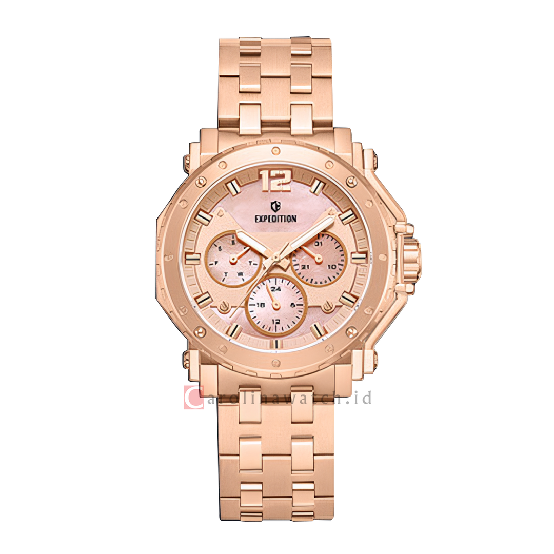 Jam Tangan S Expedition Chronograph E 6402 BFBRGLN Women Pink Dial Rose Gold Stainless Steel Strap
