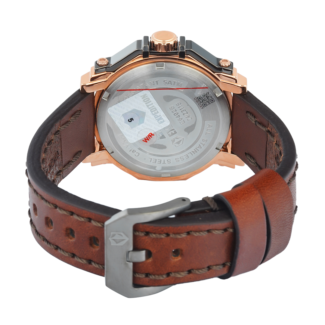 Jam Tangan S Expedition Chronograph E 6402 BFLGRBA Women Black Dial Brown Leather Strap