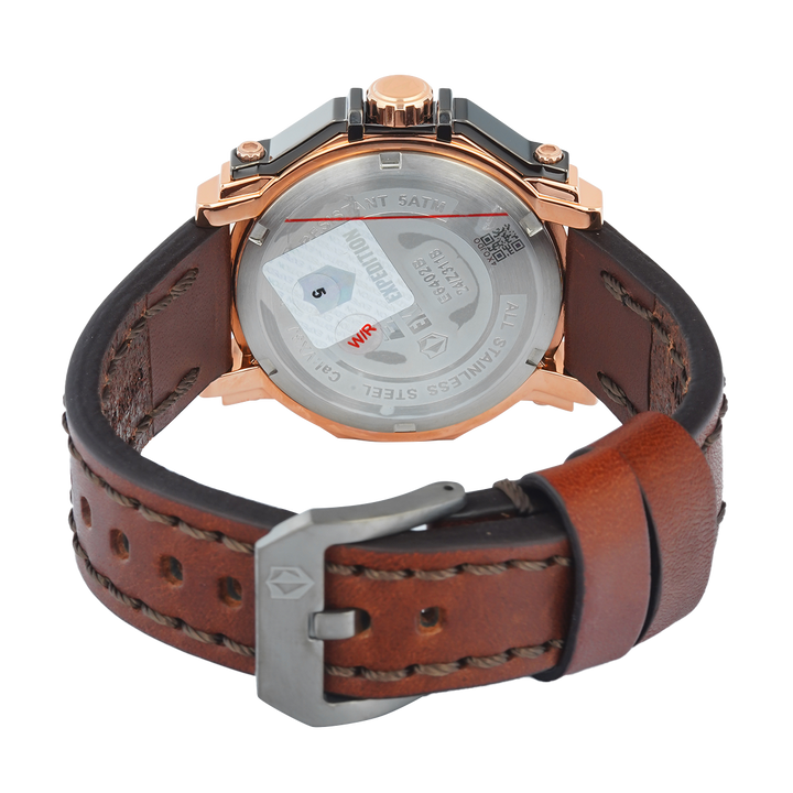 Jam Tangan S Expedition Chronograph E 6402 BFLGRBA Women Black Dial Brown Leather Strap