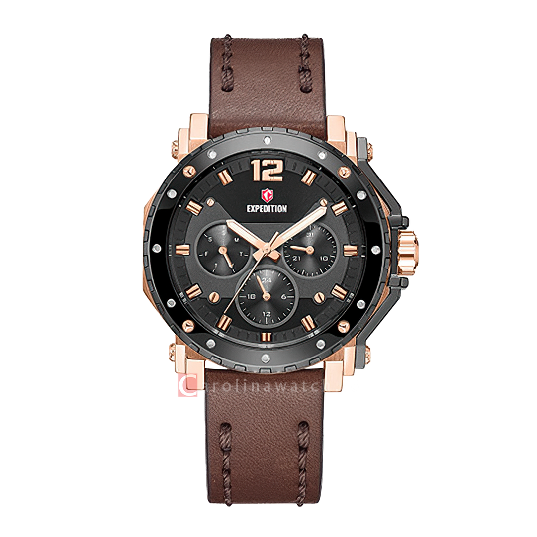 Jam Tangan S Expedition Chronograph E 6402 BFLGRBA Women Black Dial Brown Leather Strap